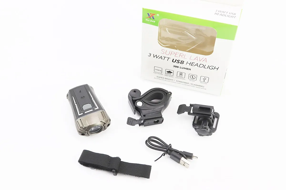 Ліхтар передній 1 діод 300 lumen, Li-ion 3.7V 1200mAh зарядка від USB, вологозахисний, чорно-сірий HJ-049 (можлива пошкоджена упаковка) (S_409340)