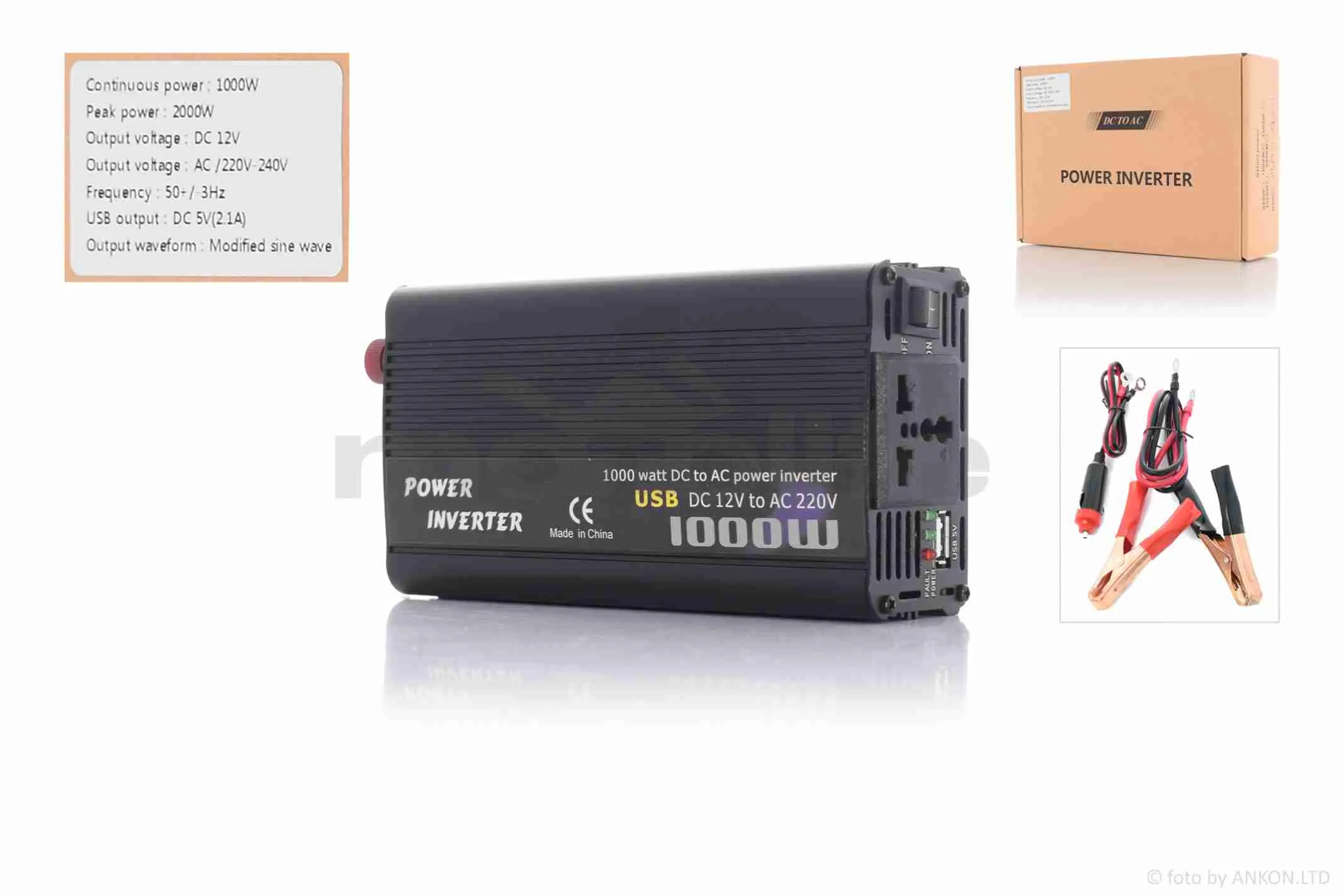 Інвертор AC/DC-12V/220V, 1000/2000W, 1хUSB  2.1А, одна розетка  #ATPI-10 (A_AT-029782)