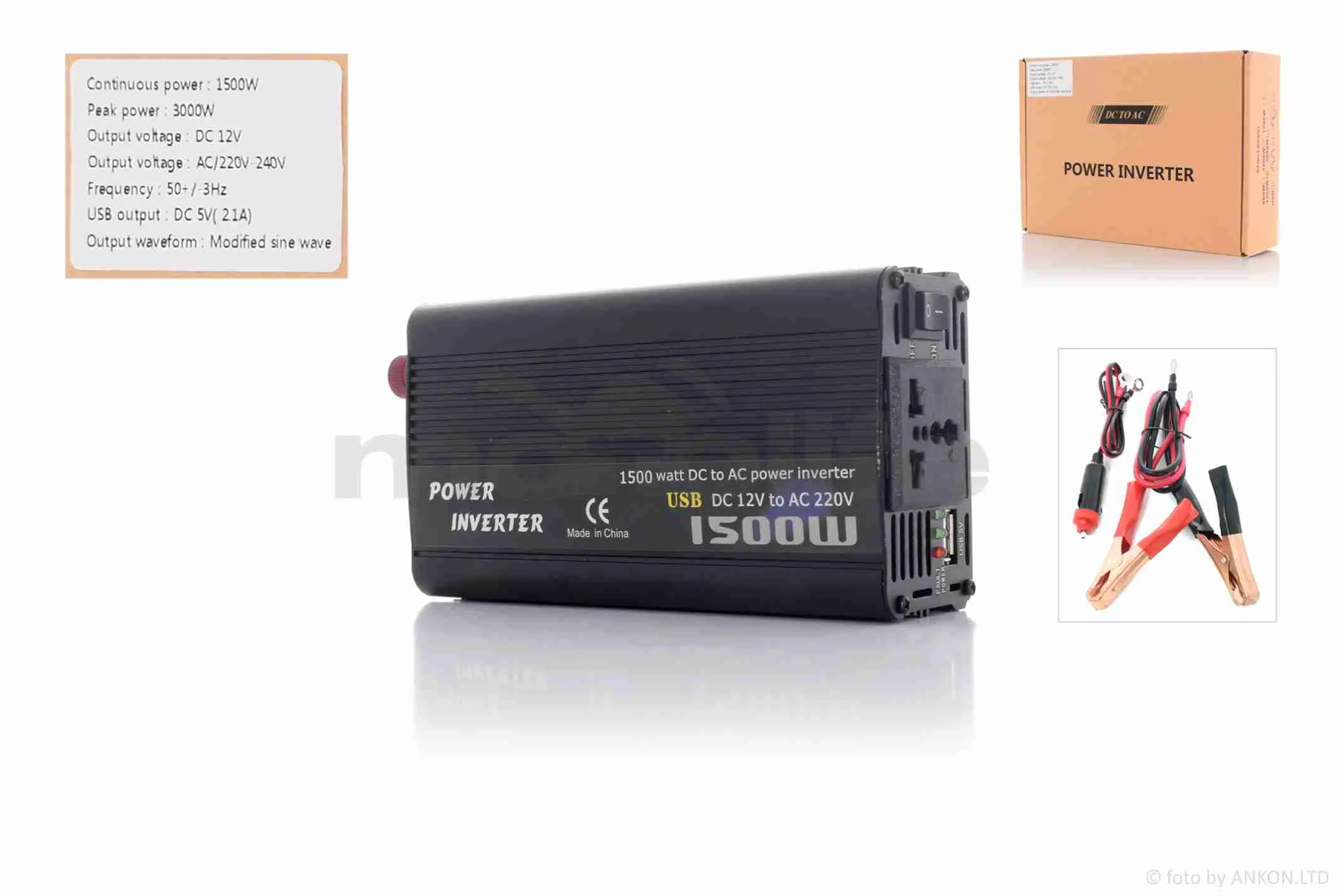 Інвертор AC/DC-12V/220V, 1500/3000W, 1хUSB  2.1А, одна розетка  #ATPI-11 (A_AT-029783)