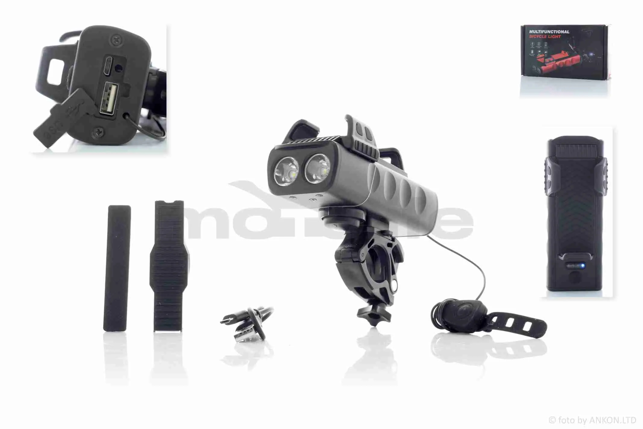 Фара вело з сигналом та тримачем телефону  USB/PowerBank/2000mAh  400lm  2діода  2режиму +flash  #DEN-078 (A_AT-033351)