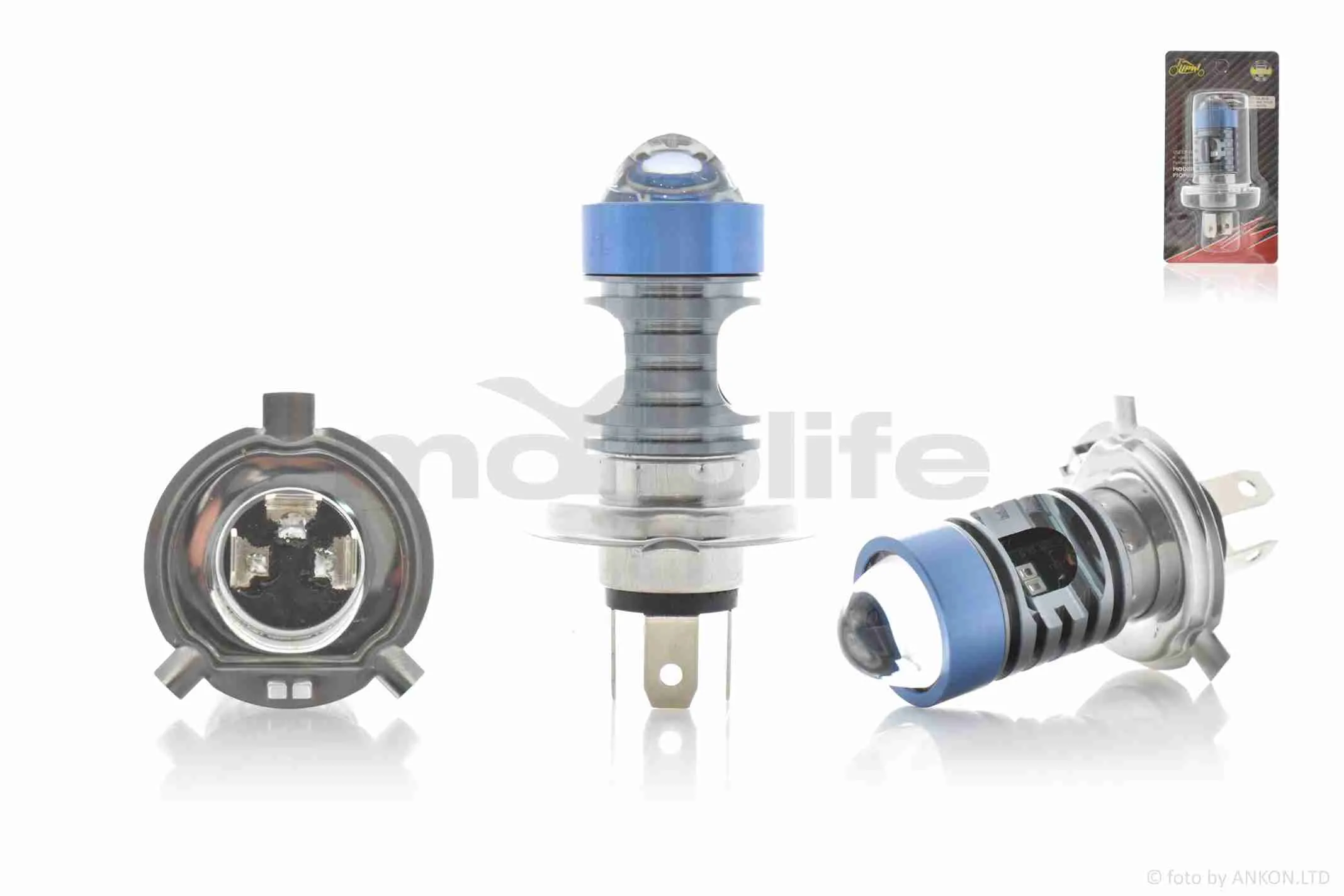 Лампа фари діодна  H4  12-85V, 12W  білий/жовтий, лінза, габарит червоний/синій, D27  