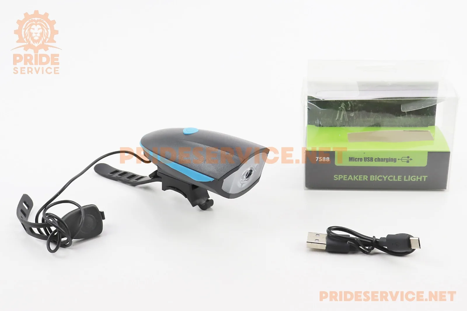 Ліхтар передній 1 діод+дзвінок 4 мелодії, Li-ion 3.7V 1200mAh зарядка від USB, вологозахисний, чорно-синій FY-058/7588 (P_409337)