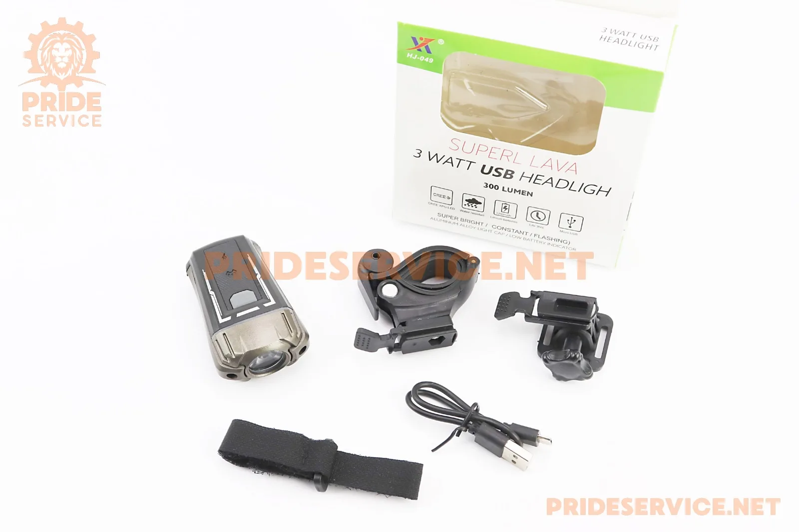 Ліхтар передній 1 діод 300 lumen, Li-ion 3.7V 1200mAh зарядка від USB, вологозахисний, чорно-сірий HJ-049 (можлива пошкоджена упаковка) (P_409340)