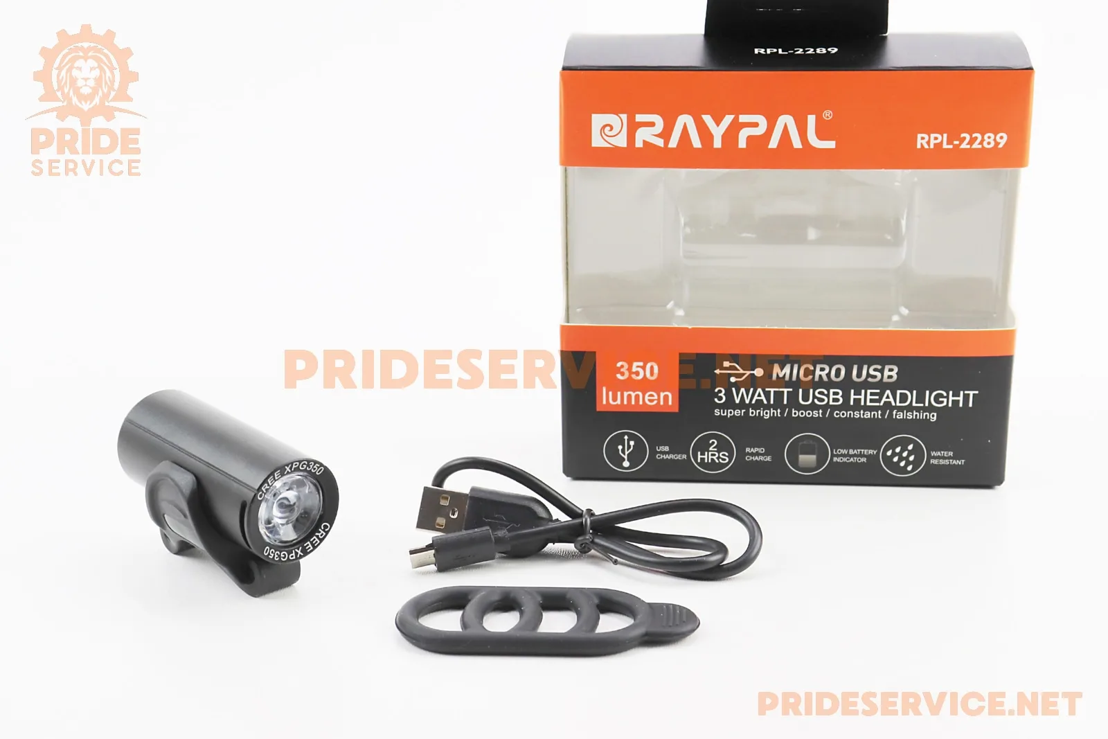 Ліхтар передній 1 діод 350 lumen алюмінієвий, Li-ion 3.7V 1200mAh зарядка від USB, вологозахисний, чорний RPL-2289 (P_409372)