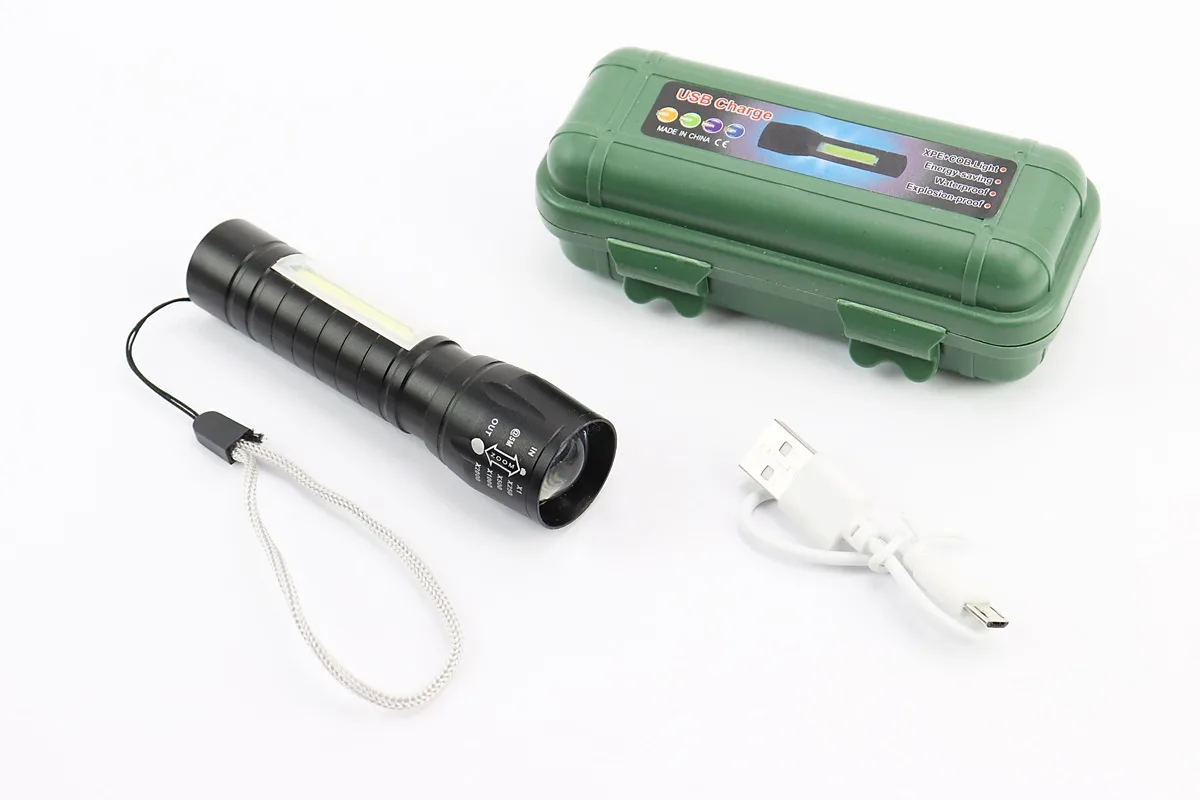 Ліхтар 1 LED+COB 300 lumen ручний, алюмінієвий, Li-ion 3.7V 450mAh зарядка від USB, вологозахисний, в пластиковому боксі, чорний (P_409921)