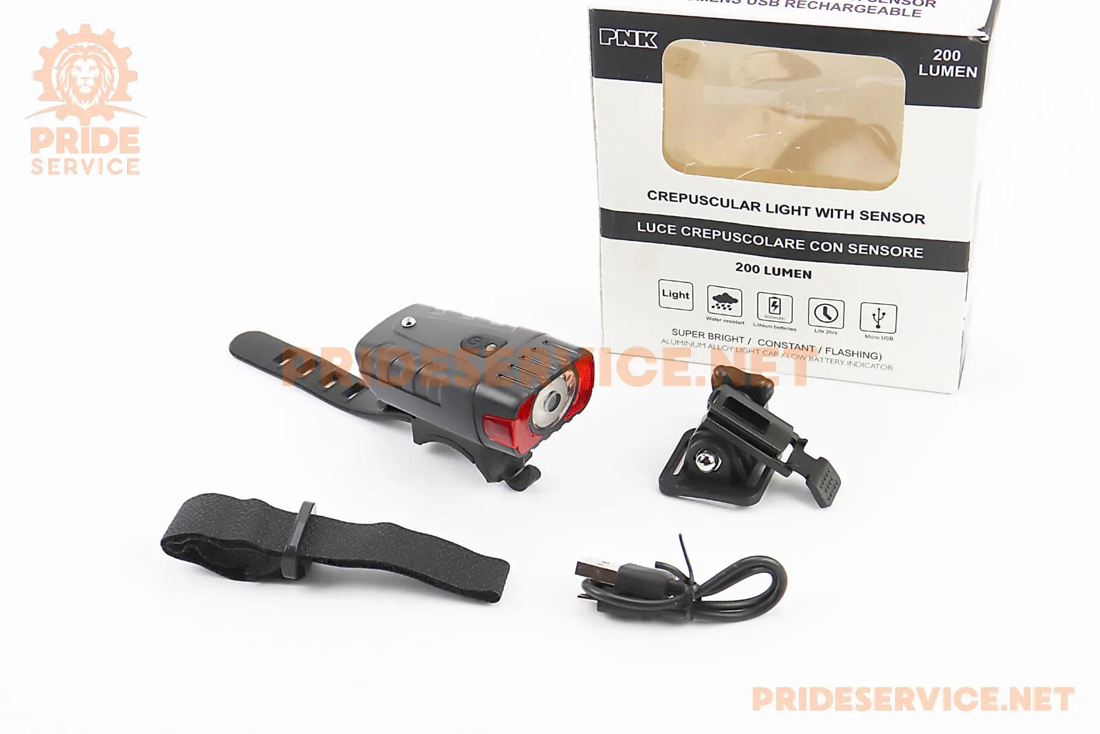 Ліхтар передній 1 діод 200 lumen, Li-ion 3.7V 800mAh зарядка від USB, ДАТЧИК СВІТЛА, вологозахисний, чорний PNK (P_409967)