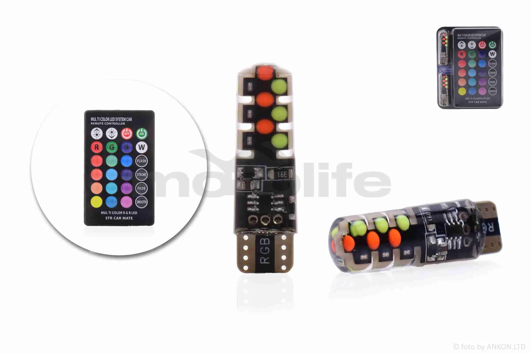 Лампа діодна безцокольна габарита T10 W5W RGB LED +пульт (A_AT-003718)