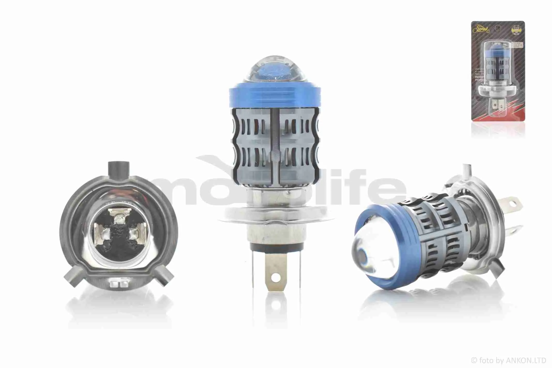 Лампа фари діодна  H4  12-85V, 12W  білий/жовтий, лінза, D34  