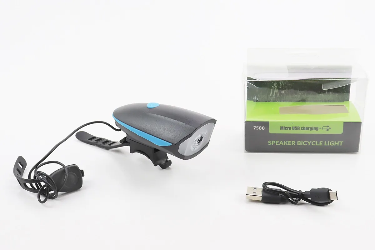 Ліхтар передній 1 діод+дзвінок 4 мелодії, Li-ion 3.7V 1200mAh зарядка від USB, вологозахисний, чорно-синій FY-058/7588 (S_409337)