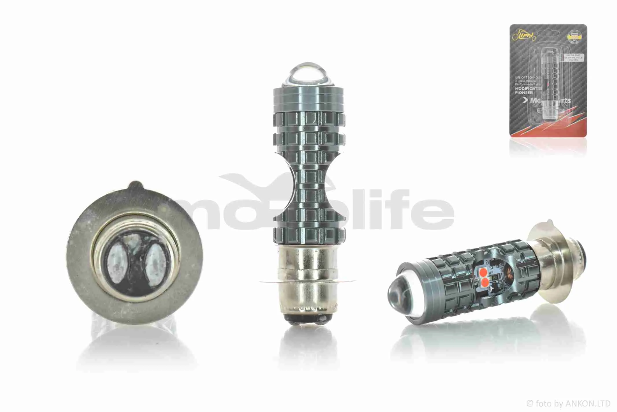 Лампа фари діодна  P15D-25-1  12V 35/35W  1 вус, білий/жовтий, лінза, червоний габарит  