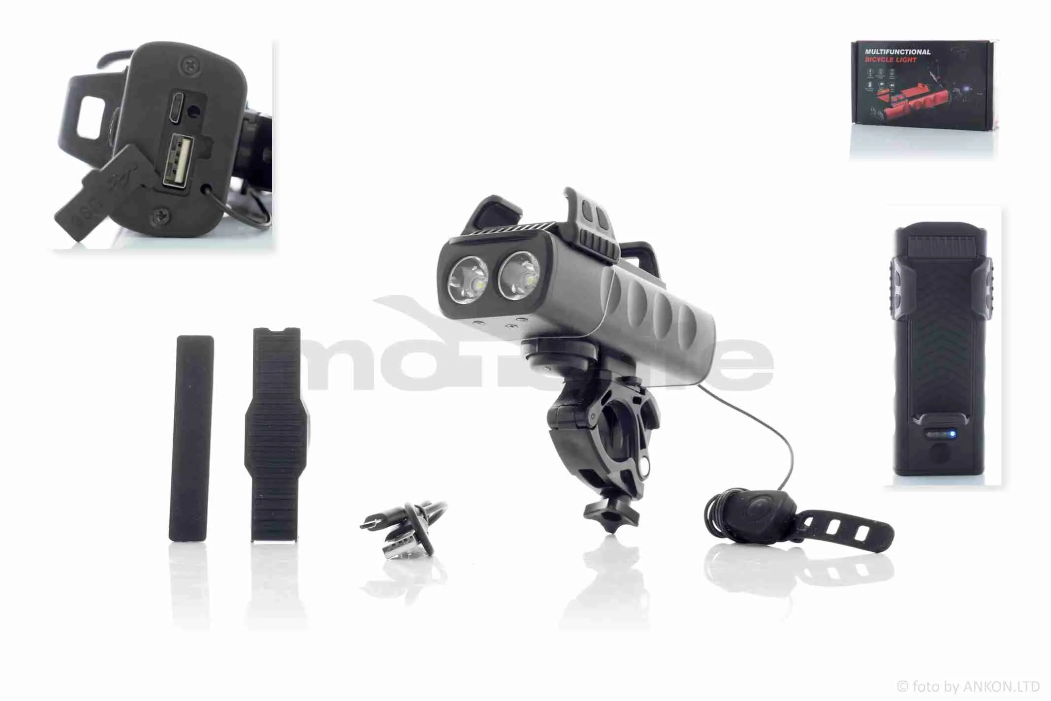 Фара вело з сигналом та тримачем телефону  USB/PowerBank/2000mAh  400lm  2діода  2режиму +flash  #DEN-078 (A_AT-033351)